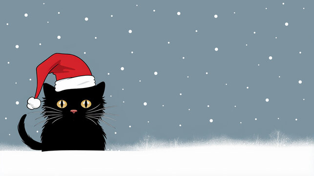 A whimsical black cat in the snow, Santa hat perched jauntily, its joyful spirit encapsulating the essence of playfulness and festive delight in the midst of the winter landscape.