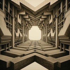 AI generated illustration of a tunnel with walls lined with geometric shapes and patterns