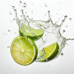 AI generated illustration of ripe lime slices in water splashes