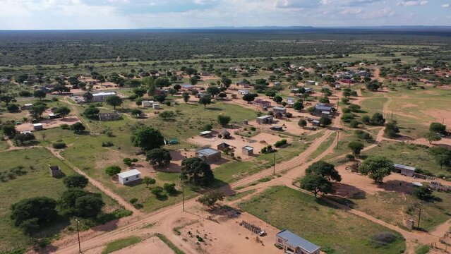 aerial view of an typical african village in southern africa, botswana dry landscape and developments in the rural area