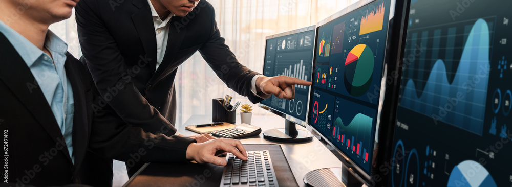 Poster analyst working on data analysis or bi dashboard on computer monitor. business team analyzing financ