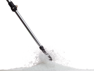 Trekking Poles put on snow ice. Telescopic trekking poles stick device for elderly people to walk with support protection hiking in woods mountain. White background isolated