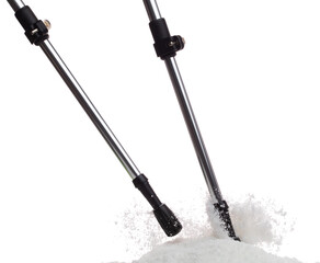 Trekking Poles put on snow ice. Telescopic trekking poles stick device for elderly people to walk with support protection hiking in woods mountain. White background isolated