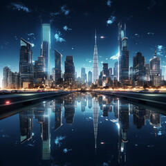 night scene of modern city with skyscrapers and reflection in water,Generative AI