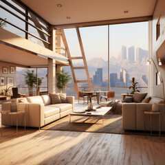 3D rendering of a living room with a view of the mountains,Generative AI