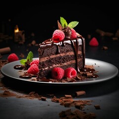 Fototapeta na wymiar a slice of chocolate cake topped with raspberries on a plate