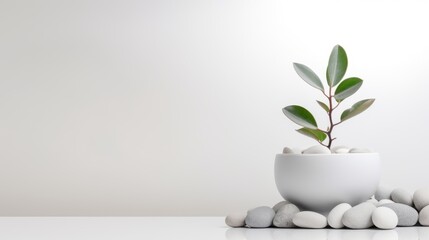 A small potted plant with white rocks on a white surface. This image shows a green plant in a white pot surrounded by white rocks. The plant has oval leaves and the pot is round.