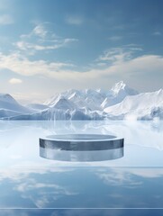 mockup of a podium that stands on a iceberg for a product presentation, on background cold snow-capped mountains and ice, generative ai