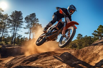 Motocross rider on a jump on a dirt track in the mountains