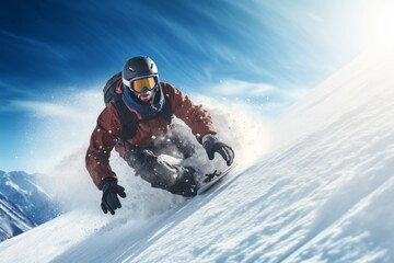Fototapeta na wymiar Snowboarder sliding downhill in high mountains. Extreme winter sport.