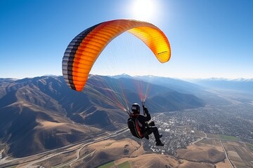 Paraglider flying over the city. Paragliding in the mountains.