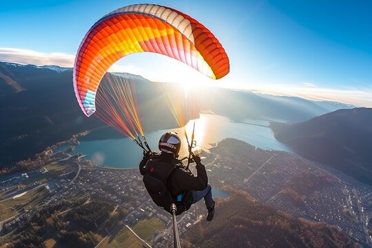 Paraglider flies over the city. Paragliding in the mountains.