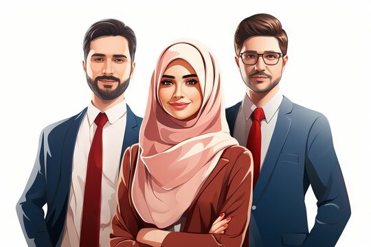 Close-up of three employees, Arabic Saudi Woman wearing hijab all cartoony persona characters Generative AI