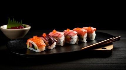 AI generated illustration of a vibrant plate of assorted sushi delicacies