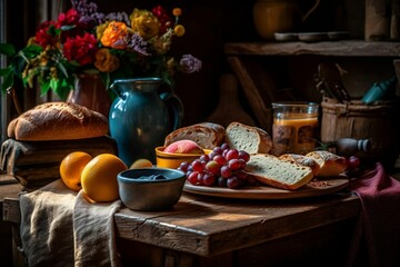 Fototapeta premium AI generated illustration of different pastries and fruits with a glass of orange juice on the table