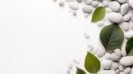 White pebbles and green leaves on a white background. This image shows a contrast between the smooth pebbles and the fresh leaves.