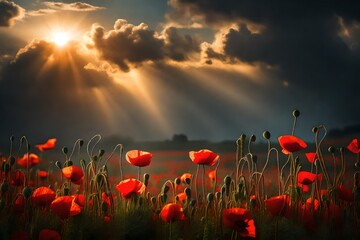 Fototapeta na wymiar Poppy flowers during sunrise. Dark cloud over poppy field. 