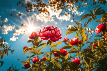 Bright flowers and leaves of red peony against blue sky with sunlight, sunbeams.