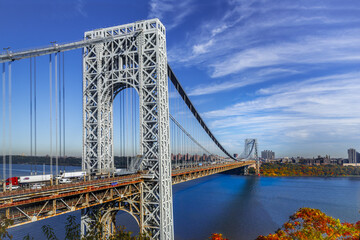 A close view of George Washington Bridge in the Fort Lee Historic park in Autumn - obrazy, fototapety, plakaty