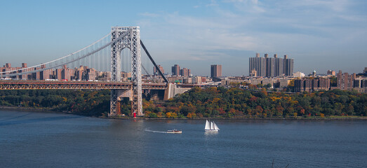 A evening view of George Washington Bridge in the Fort Lee Historic park in Autumn