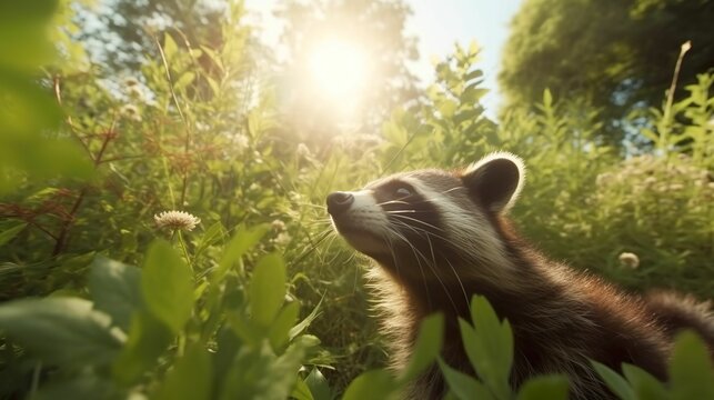 AI generated illustration of a racoon peering up at the sky from a grassy field