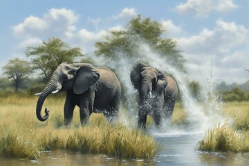 AI generated illustration of majestic African elephants playfully interacting on the river