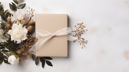 Holiday Christmas card background with elegant present box and flora decoration on a white background from Flat lay and top view.  - obrazy, fototapety, plakaty