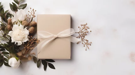 Foto op Canvas Holiday Christmas card background with elegant present box and flora decoration on a white background from Flat lay and top view.  © Kuo