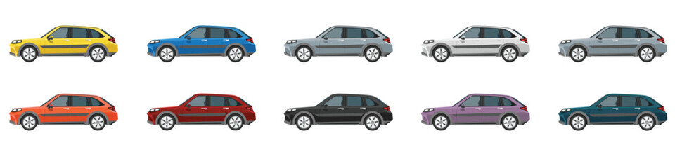 Vector or Illustrator of hatchback cars colorful collection. Design of electric vehicles car. Colorful cars with separate layers. On isolated white background.