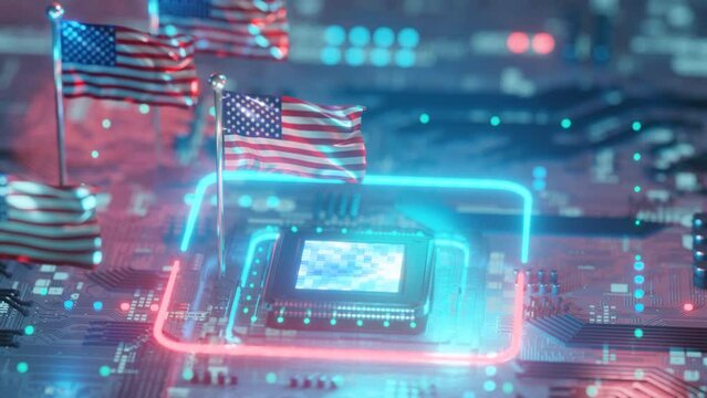 Chipset and USA flag for semiconductor industry, 3d rendering