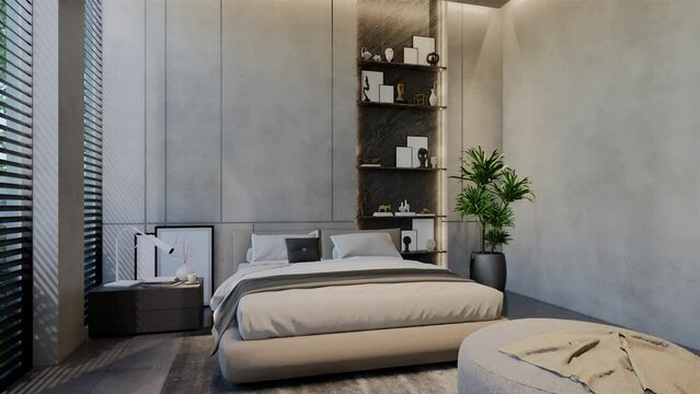 3D Animation modern bedroom, interior design contemporary with natural tones on the room, walls, floor and ceiling. 3D rendering illustration