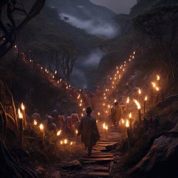 A line of tribesmen carrying torches climb up a hill. Great for stories of adventure, mystery, exploration, history, indigenous people and more. 