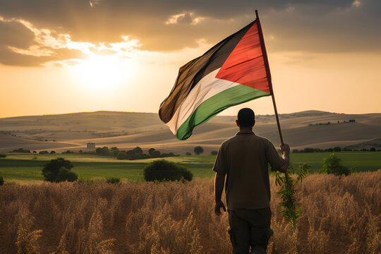 A Farmer In Field With A Palestine Flag In Hand Waiving, Palestine Flag With Rising Sun Background