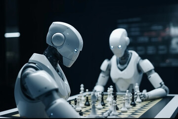 Naklejka premium AI-generated illustration of two humanoid robots playing a game of chess.