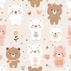 seamless pattern with teddy bears and flowers - Generative AI
