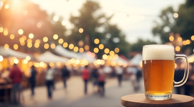 Bokeh background of street festival beer, outdoor. A mug of beer in the countryside background. Happy life. Idyllic concept.
