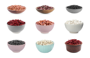 Different raw kidney beans in bowls isolated on white, collection
