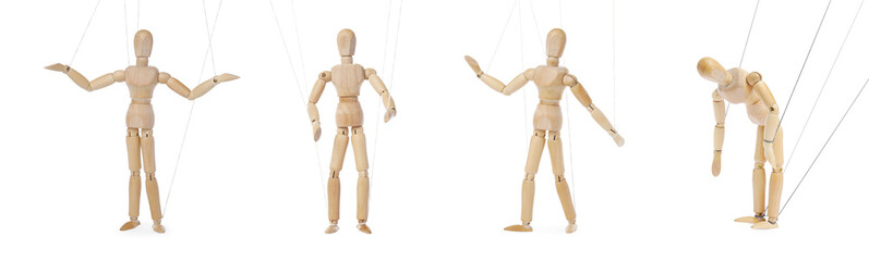 Wooden puppet with strings on white background, collection of different poses