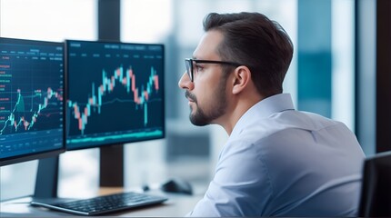 Fototapeta premium Finance trade manager analyzing stock market indicators for best investment strategy, financial data and charts