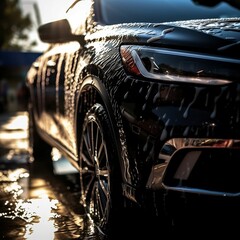 AI generated illustration of a black car covered in water and suds at a wash - obrazy, fototapety, plakaty