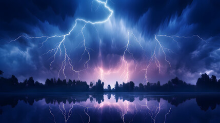 Dramatic lightning storm illuminating the night sky, casting an electric display of nature's power and beauty. Generative Ai.NO.04