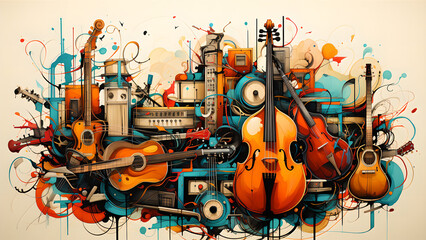 "Image of musical instruments, concert, people playing music."
