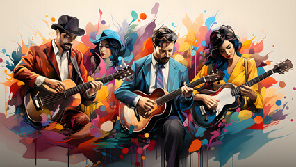"Image of musical instruments, concert, people playing music."