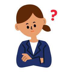 ビジネスパーソン　考える　困る　悩む　腕組み　女性　仕事　スーツ　イラスト	
