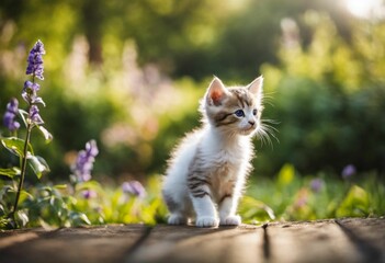 AI generated illustration of a cute and playful gray kitten surrounded by spring flowers
