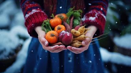 Foto op Plexiglas A person holding a bunch of carrots and radishes, vegan January challenge. © Friedbert