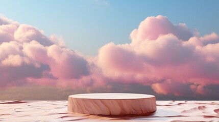 Stone podium tabletop floor in outdoor on sky pink gold pastel soft cloud blurred background Beauty cosmetic product