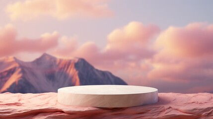 Stone podium tabletop floor in outdoor on sky pink gold pastel soft cloud blurred background Beauty cosmetic product