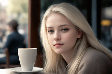 Portrait of a blond young woman drinking coffee in a cafee