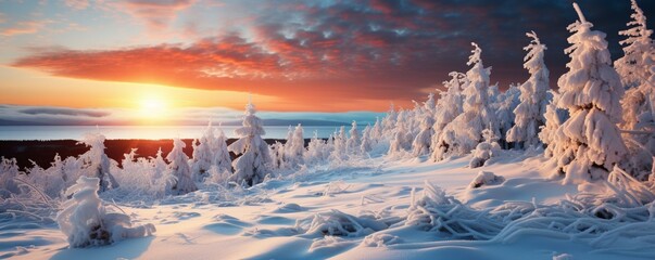 Sunset Behind Snow-Clad Trees and Mountains, Creating a Breathtaking Winter Evening Scene